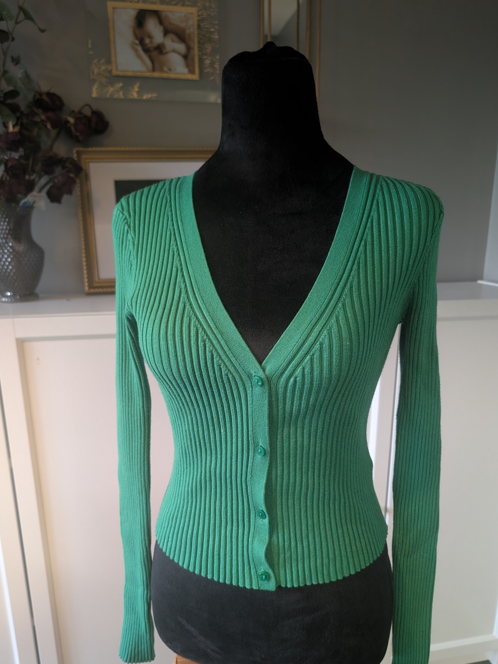 H&M Emerald Green Ribbed V-Neck Button Cardigan